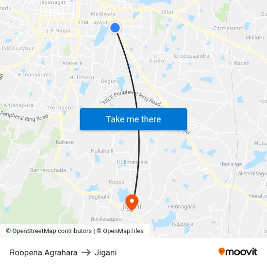 Roopena Agrahara to Jigani map