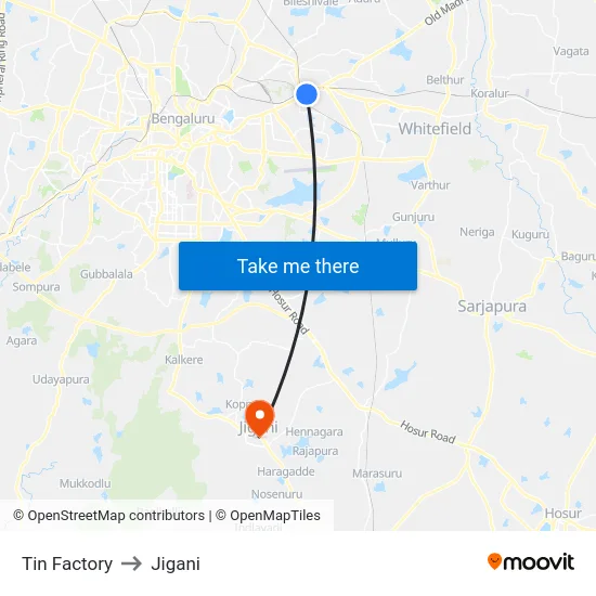 Tin Factory to Jigani map