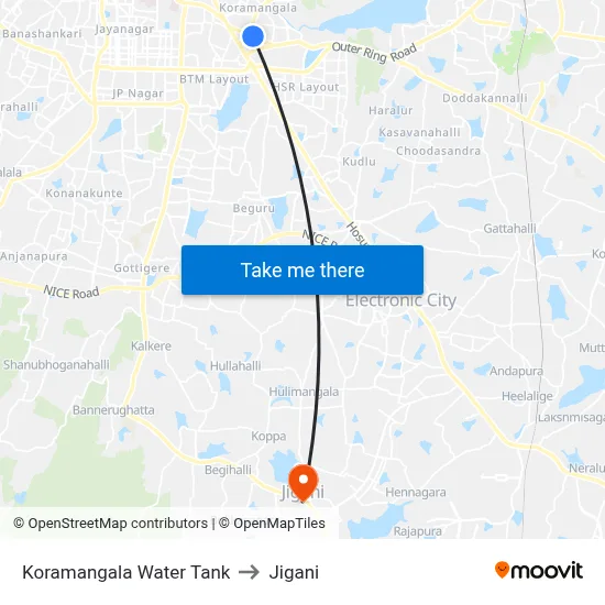 Koramangala Water Tank to Jigani map