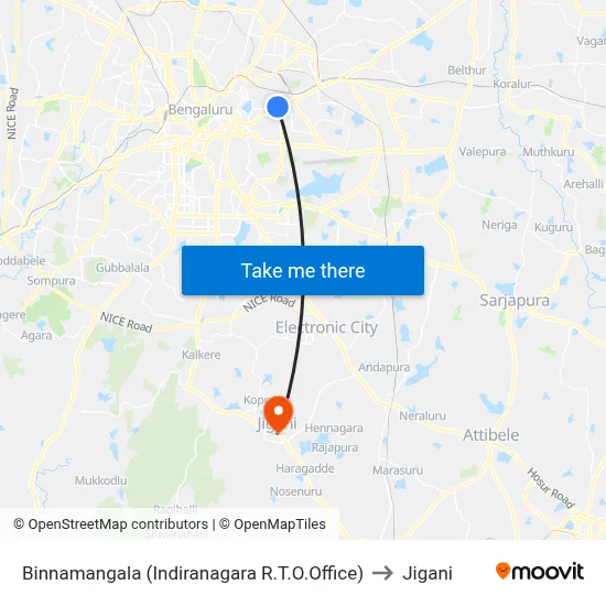 Binnamangala (Indiranagara R.T.O.Office) to Jigani map