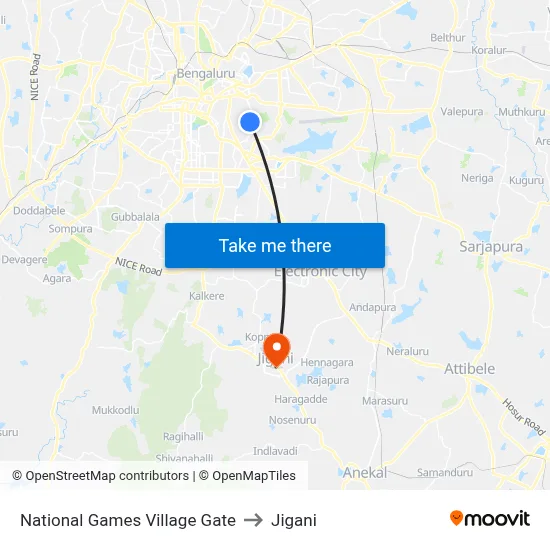 National Games Village Gate to Jigani map