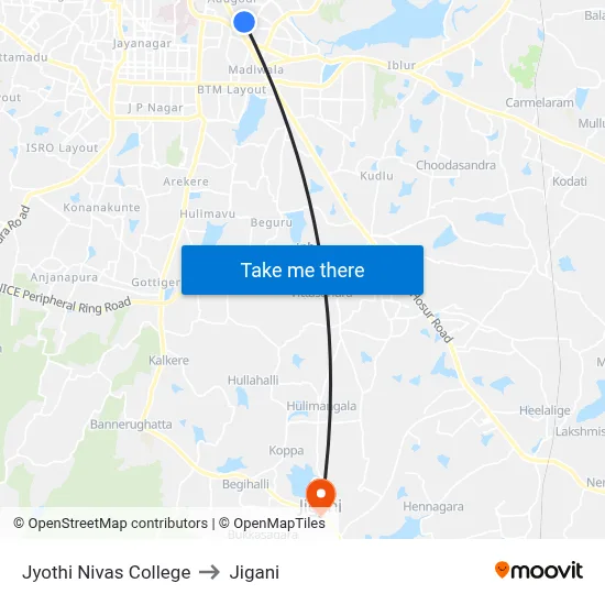 Jyothi Nivas College to Jigani map