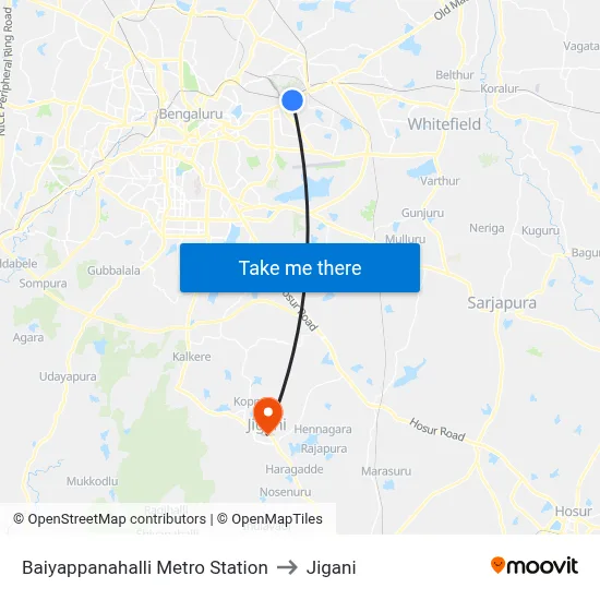 Baiyappanahalli Metro Station to Jigani map