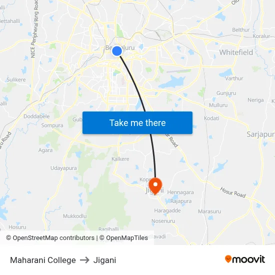Maharani College to Jigani map