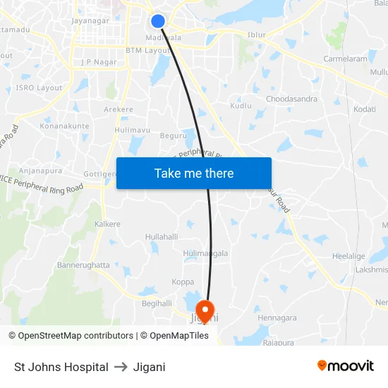 St Johns Hospital to Jigani map