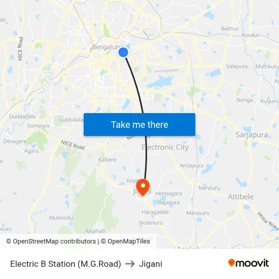 Electric B Station (M.G.Road) to Jigani map