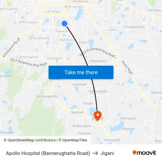 Apollo Hospital (Bannerughatta Road) to Jigani map