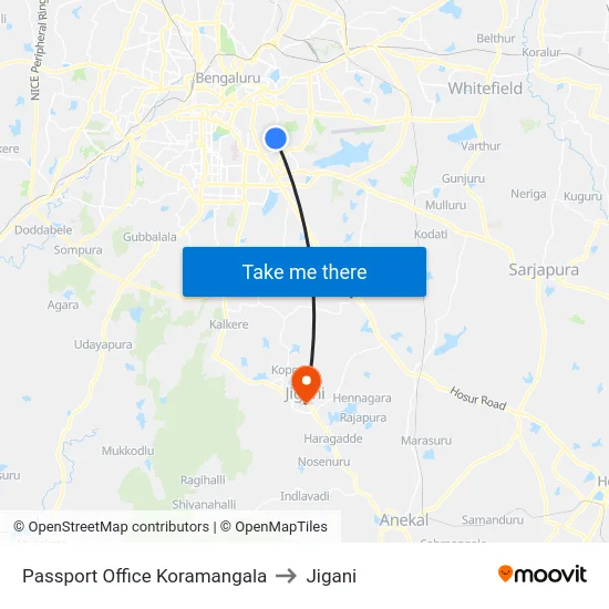 Passport Office Koramangala to Jigani map