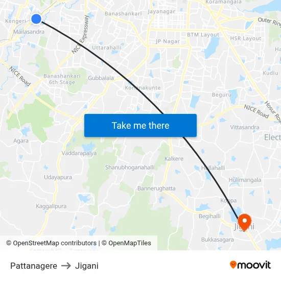 Pattanagere to Jigani map
