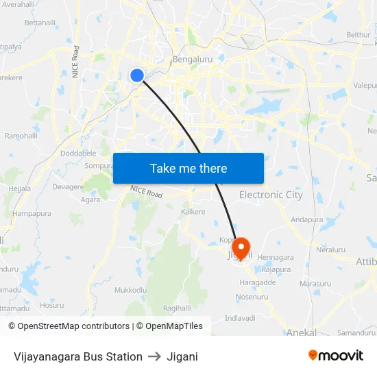 Vijayanagara Bus Station to Jigani map