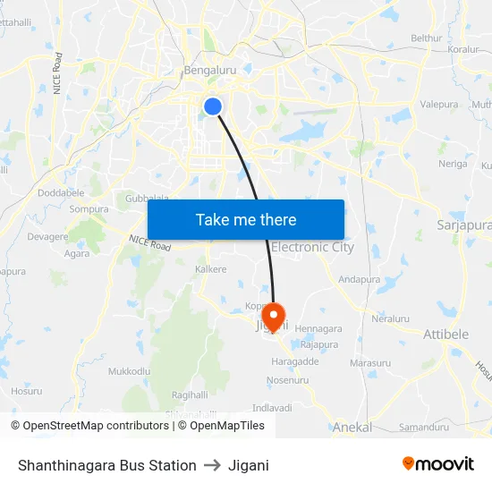 Shanthinagara Bus Station to Jigani map