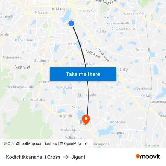 Kodichikkanahalli Cross to Jigani map