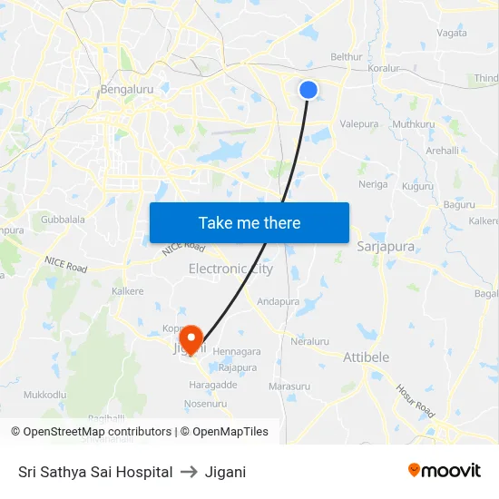 Sri Sathya Sai Hospital to Jigani map
