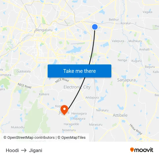 Hoodi to Jigani map