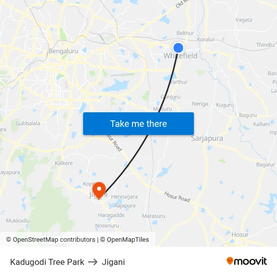 Kadugodi Tree Park to Jigani map