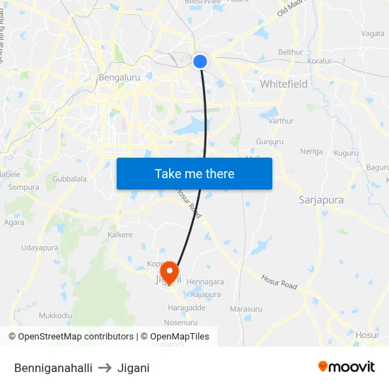 Benniganahalli to Jigani map