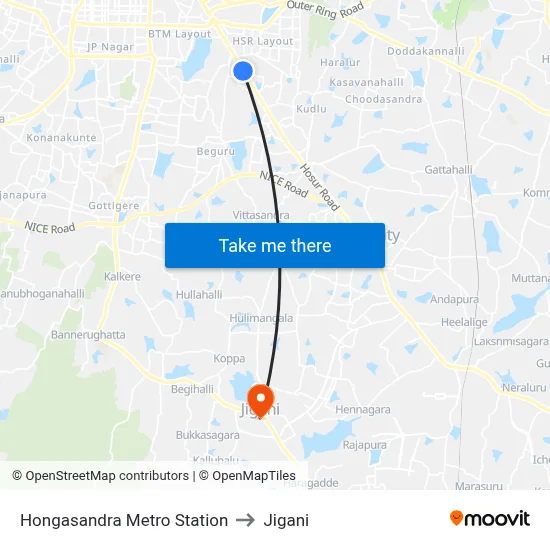 Hongasandra Metro Station to Jigani map