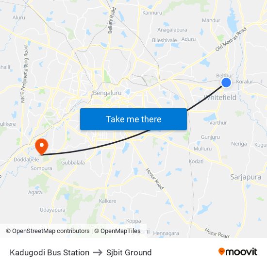 Kadugodi Bus Station to Sjbit Ground map