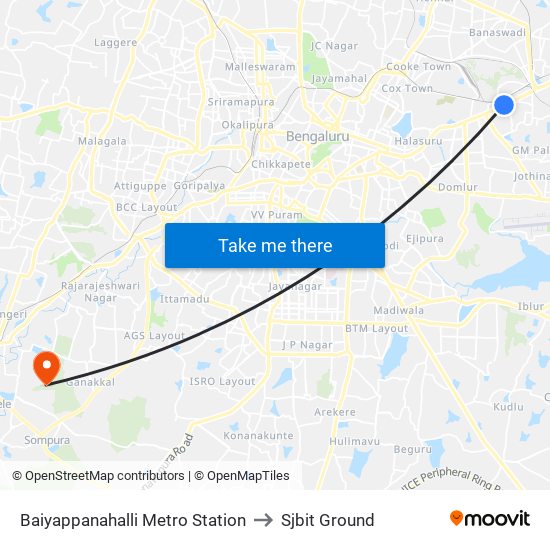 Baiyappanahalli Metro Station to Sjbit Ground map