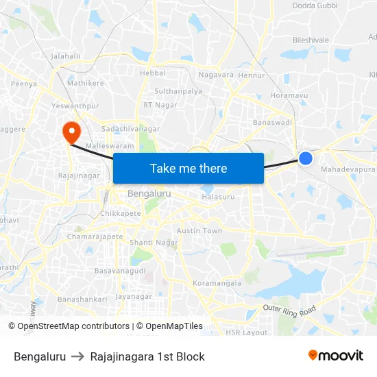 Bengaluru to Rajajinagara 1st Block map