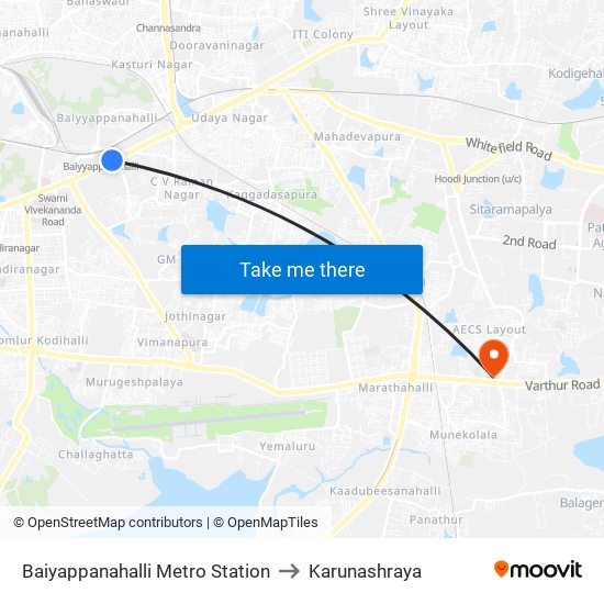 Baiyappanahalli Metro Station to Karunashraya map