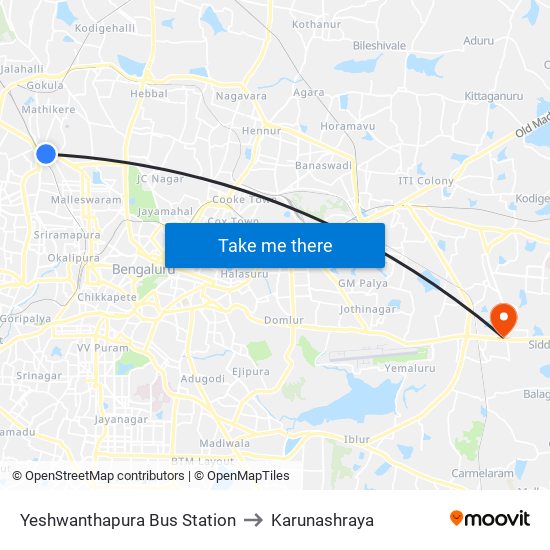 Yeshwanthapura Bus Station to Karunashraya map