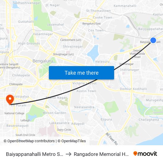 Baiyappanahalli Metro Station to Rangadore Memorial Hospital map