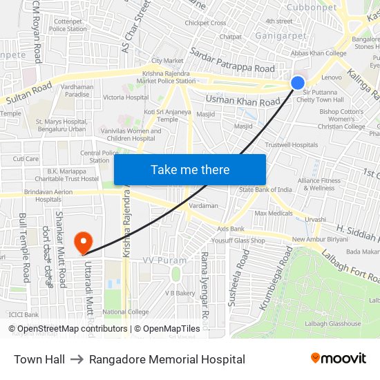 Town Hall to Rangadore Memorial Hospital map