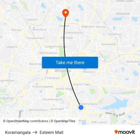 Koramangala to Esteem Mall map