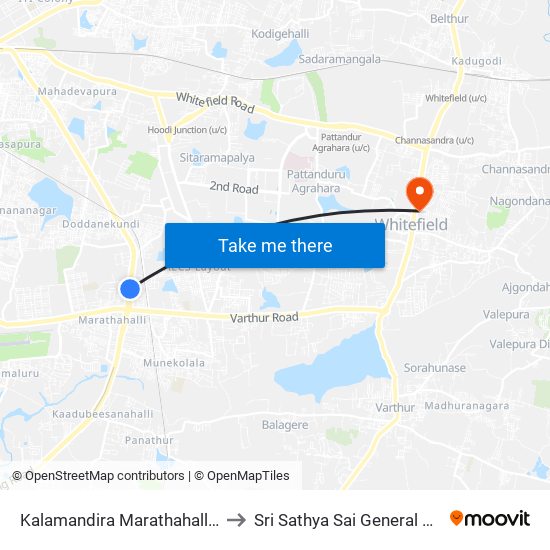 Kalamandira  Marathahalli Bridge to Sri Sathya Sai General Hospital map