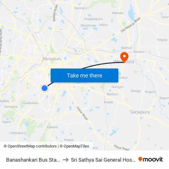 Banashankari Bus Station to Sri Sathya Sai General Hospital map