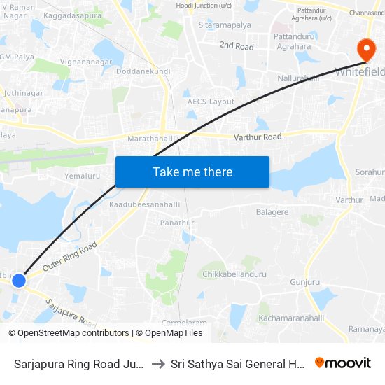 Sarjapura Ring Road Junction to Sri Sathya Sai General Hospital map
