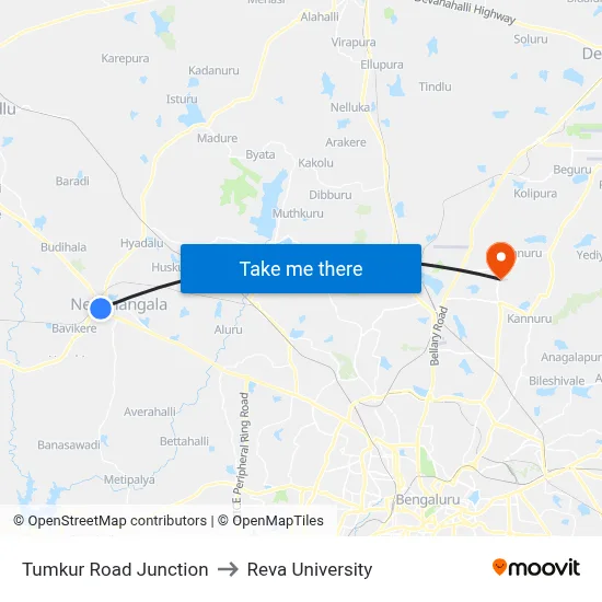 Tumkur Road Junction to Reva University map
