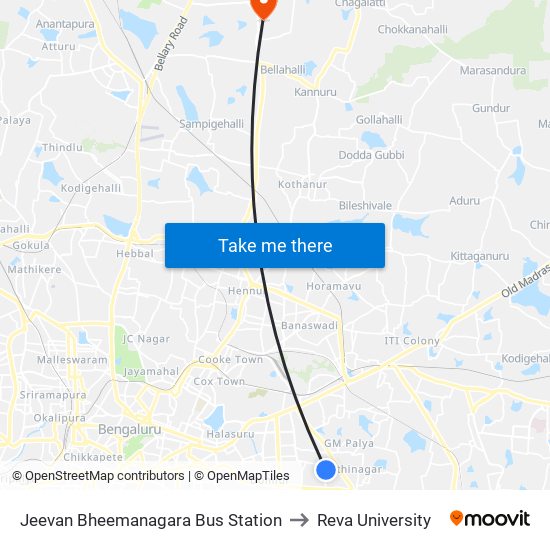 Jeevan Bheemanagara Bus Station to Reva University map