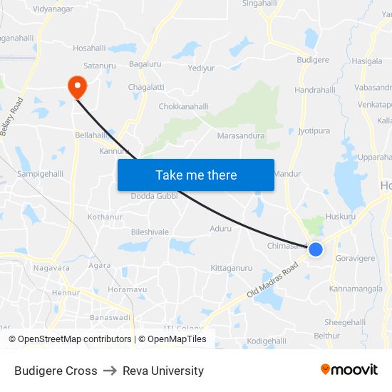 Budigere Cross to Reva University map