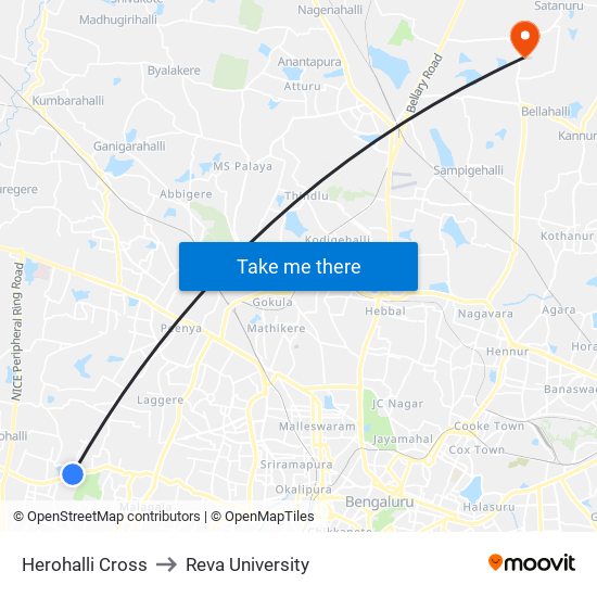 Herohalli Cross to Reva University map