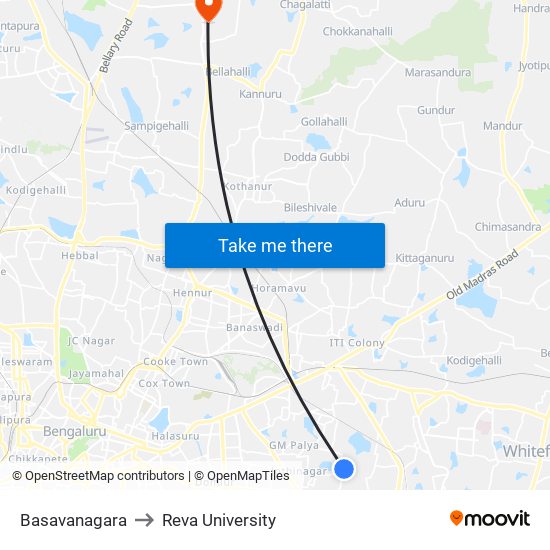 Basavanagara to Reva University map