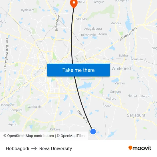 Hebbagodi to Reva University map