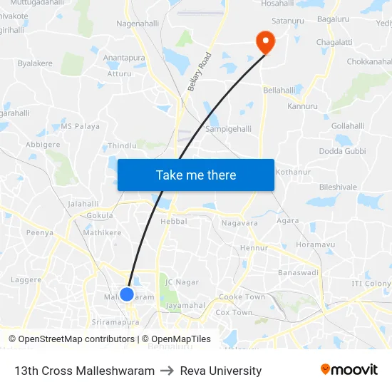 13th Cross Malleshwaram to Reva University map
