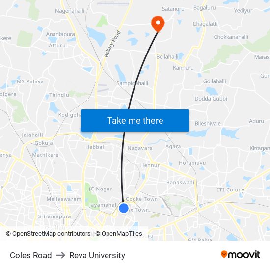 Coles Road to Reva University map