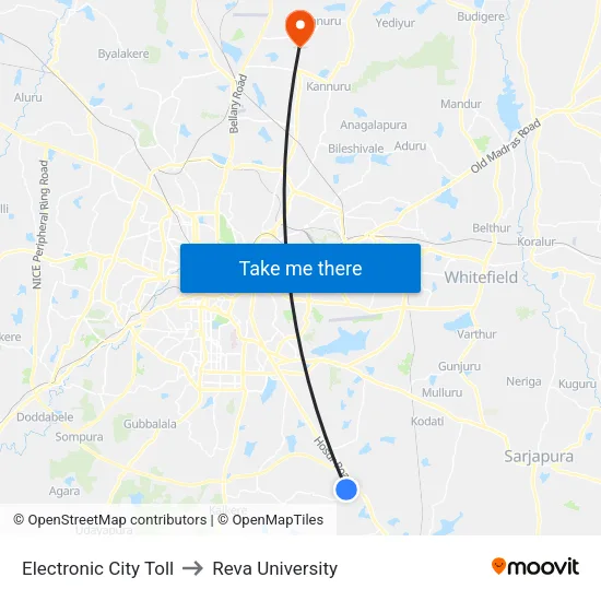 Electronic City Toll to Reva University map