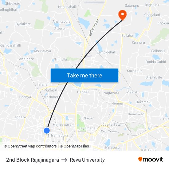 2nd Block Rajajinagara to Reva University map