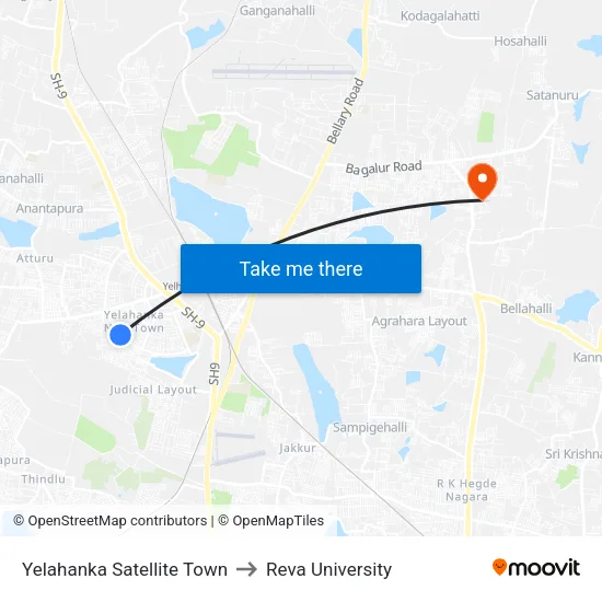 Yelahanka Satellite Town to Reva University map