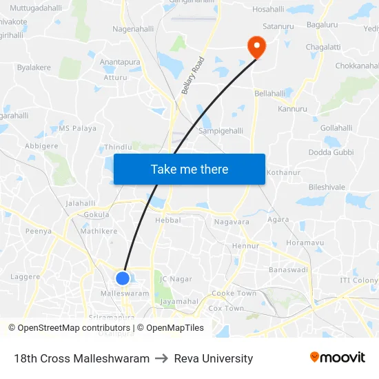 18th Cross Malleshwaram to Reva University map