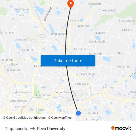 Tippasandra to Reva University map