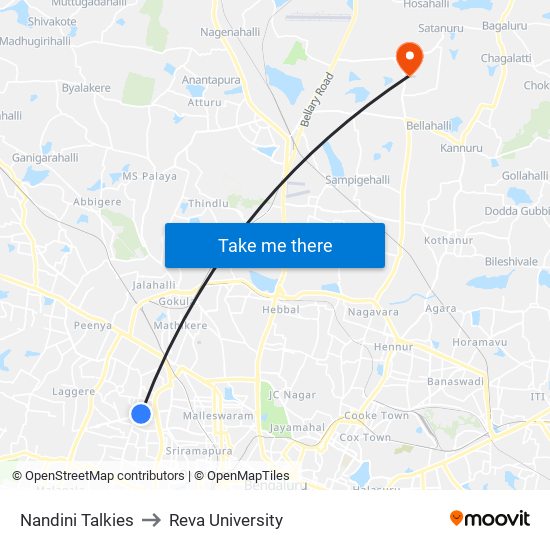 Nandini Talkies to Reva University map
