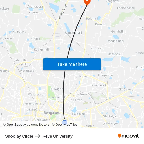 Shoolay Circle to Reva University map