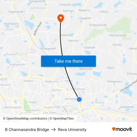 B Channasandra Bridge to Reva University map