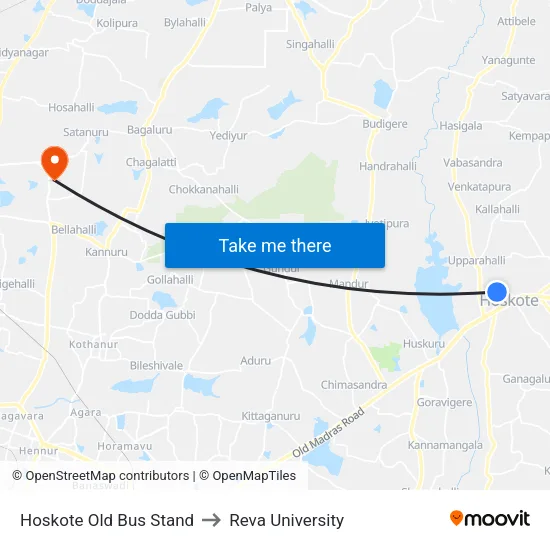 Hoskote Old Bus Stand to Reva University map