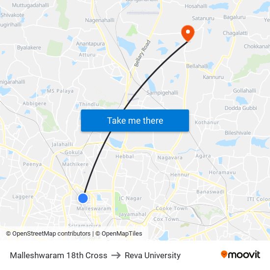 Malleshwaram 18th Cross to Reva University map